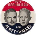 DEWEY & WARREN "VOTE REPUBLICAN" LARGE 9" JUGATE BUTTON.