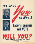 TRUMAN & BARKLEY "LABOR'S ENEMIES WILL VOTE WILL YOU?" JUGATE POSTER.