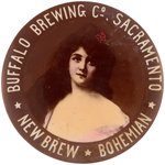 POCKET MIRROR FROM "BUFFALO BREWING CO. SACRAMENTO" NAMING BRANDS "NEW BREW" AND "BOHEMIAN".