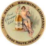 POCKET MIRROR FOR "TERRE HAUTE BREWING COMPANY" W/NUDE HOLDING BEER BOTTLE AND GOBLET.