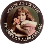 POCKET MIRROR "THE CORNER, H.D.ALLEN, COMO, CO GOOD FOR 12 1/2¢ IN TRADE" C. 1905.