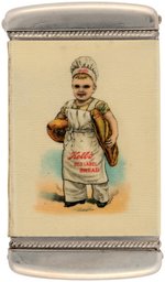 PHILADELPHIA BAKERY MATCH SAFE WITH YOUNG UNIFORMED BAKER IN "KOLB'S RED LAPEL BREAD" APRON.