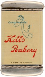 PHILADELPHIA BAKERY MATCH SAFE WITH YOUNG UNIFORMED BAKER IN "KOLB'S RED LAPEL BREAD" APRON.