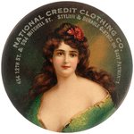 POCKET MIRROR FOR NATIONAL CREDIT CLOTHING CO. W/COLOR PORTRAIT AND SILVER LETTERING C.1905.