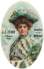 POCKET MIRROR W/LADY IN OUTDOORS WINTER SCENE  FOR CALLAWAY, NE JEWELER AND OPTICIAN.