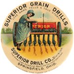 POCKET MIRROR W/FARM MAID SHOWING OFF HER "SUPERIOR GRAIN DRILLS" MACHINE C. 1908.