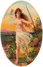 POCKET MIRROR W/NUDE HUNTING GODDESS AND GOLD IMPRINT FOR  A NY VARNISH COMPANY C. 1904.