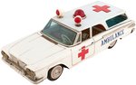 PLYMOUTH 1961 FRICTION AMBULANCE W/MOVING LIGHTS AND SIREN.