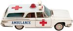 PLYMOUTH 1961 FRICTION AMBULANCE W/MOVING LIGHTS AND SIREN.