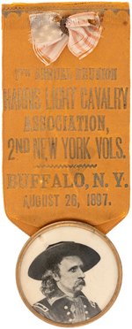 CUSTER CELLO PORTRAIT RIBBON BADGE FOR 1897 REUNION HARRIS LIGHT CAVALRY AND 2ND NY VOLS. IN BUFFALO.