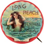 LONG BEACH FESTIVAL OF THE SEA 1908 STUNNING COLOR  BUTTON WITH MERMAID IN HARBOR.