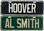 "HOOVER" AND "AL SMITH" PAIR OF BOLD 1928 LICENSE PLATE ATTACHMENTS.
