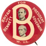"BRYAN AND BENNETT" RARE 1908 WEST VIRGINIA COATTAIL BUTTON HAKE #247.