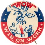 "WIN ON WORK" EAGLE CARRYING AWAY HITLER WWII HOMEFRONT BUTTON ISSUED BY "CATERPILLAR L.M.C."