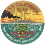 "U.S.S. CALIFORNIA NO. 44" FULL COLOR BUTTON FROM VALLEJO BEFORE NOVEMBER 1919 LAUNCH AND LATER 
PEARL HARBOR CASUALTY.