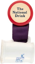 "THE NATIONAL DRINK" BUTTON WITH "WE WANT BEER" CERAMIC MUG HANGER.
