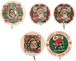 FOUR OF THE FIRST FIVE AMERICAN RED CROSS BUTTONS TO PICTURE SANTA PLUS A 1914 VARIETY.