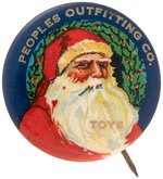 "PEOPLE'S OUTFITTING CO." RARE IMPRINT SANTA WITH "TOYS" IN GOLD  ACROSS HIS BEARD.