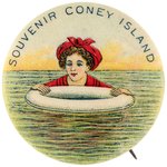 "SOUVENIR OF CONEY ISLAND" SCARCE AND GRAPHIC FLOATING LADY IN RED C. 1930 SOUVENIR BUTTON.