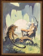 CAVE GIRL & SABRETOOTH TIGER FRAMED PAINTING ORIGINAL ART BY MIKE HOFFMAN.