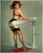 AFTER GIL ELVGREN "WEIGHTY PROBLEMS (STARTING AT THE BOTTOM)" PIN-UP RECREATION ORIGINAL ART BY CELESTE.