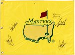 TIGER WOODS & GOLF HALL OF FAME MEMBERS MULTI-SIGNED 1997 MASTERS TOURNAMENT ORIGINAL PIN FLAG.