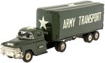 MILITARY HAULER AND TRAILER ARMY TRANSPORT FRICTION POWERED TIN TRUCK IN BOX.