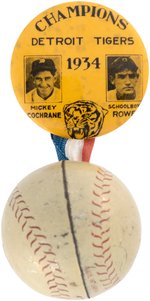 1934 DETROIT TIGERS "CHAMPIONS" W/COCHRANE (HOF) BUTTON W/ATTACHMENT.