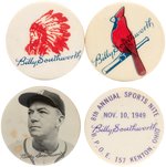 1940s BILLY SOUTHWORTH (HOF) LOT OF FOUR BUTTONS FROM HIS DAYS AS A MANAGER.