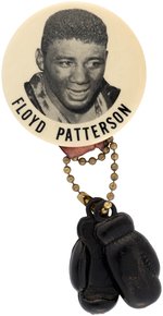 C. 1960 "FLOYD PATTERSON" RARE PORTRAIT BUTTON W/SUSPENDED BROWN PLASTIC BOXING GLOVES ON CHAIN.