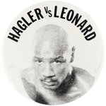 1987 "HAGLER VS LEONARD" LARGE BUTTON PAIR FOR "THE SUPER FIGHT" AT CAESARS PALACE.