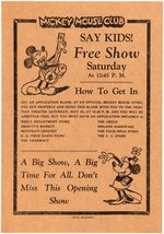 MICKEY MOUSE CLUB MOVIE THEATER INAUGURAL SHOW/MEETING PROMOTIONAL FLYER & CLUB ITEM TRIO.