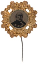 "GREELEY" FERROTYPE IN ORNATE DIE CUT BRASS SHELL.