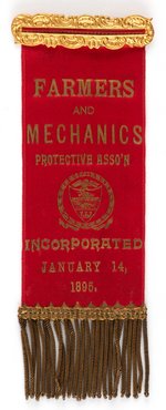 FARMER AND MECHANICS PROTECTIVE ASS'N RIBBON BADGE FROM LATE 1890S.