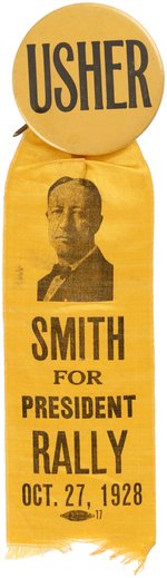 "SMITH FOR PRESIDENT RALLY OCT. 27, 1928" RARE RIBBON BADGE.