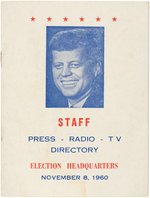 KENNEDY "ELECTION NIGHT STAFF" BUTTON & EPHEMERA ARCHIVE OF STAFFER.