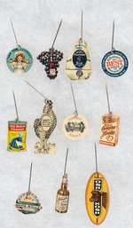 C. 1905-06 CELLULOID PRODUCT ADVERTISING 11 FLIPS ON SHORT STICKPINS.