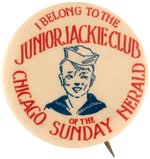 CRACKER JACK C. 1918 HOMEFRONT "JUNIOR JACKIE CLUB OF THE CHICAGO SUNDAY TIMES" BUTTON.