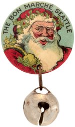 THE BON MARCHE, SEATTLE EARLY SANTA BUTTON WITH ATTACHED BELL C. 1910.