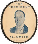 "FOR PRESIDENT AL SMITH" BLUETONE PORTRAIT 1928 DIECUT CARDBOARD BADGE.