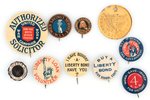 WAR SAVINGS AND  LIBERTY LOANS 9 BUTTONS, 1 POSTER STAMP AND TOKEN MADE FROM GERMAN CANNON.