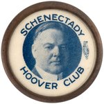 "SCHENECTADY HOOVER CLUB" BRASS FRAMED PIN-BACK BUTTON.