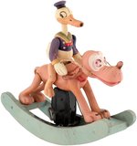 DONALD DUCK ON PLUTO CELLULOID WIND-UP ROCKING HORSE TOY.