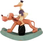 DONALD DUCK ON PLUTO CELLULOID WIND-UP ROCKING HORSE TOY.