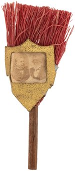 CLEVELAND & THURMAN 1888 CARDBOARD PHOTO JUGATE ON FIGURAL BROOM BADGE UNLISTED IN HAKE.