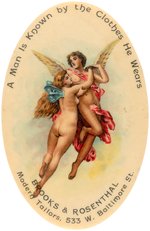 POCKET MIRROR WITH MALE/FEMALE ANGELS FLOATING IN SPACE PROMOTING A BALTIMORE CLOTHIER.