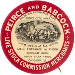 LIVESTOCK MERCHANT AD BUTTON WITH MOTHER PIG AND PIGLETS AND SLOGAN "WARM MEALS AT ALL HOURS".