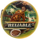 CELLULOID ENCLOSED TAPE MEASURE FOR "RELIABLE" KINGAN'S HAMS IN SUPERB COLOR C. 1905.