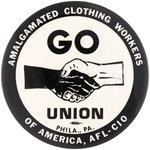 "AMALGAMATED CLOTHING WORKERS/ GO UNION" CIVIL RIGHTS HANDSHAKE BUTTON.