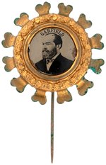 GARFIELD 1880 FERROTYPE IN ORNATE BRASS FRAME STICKPIN BADGE.